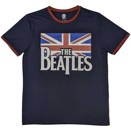 THE BEATLES - Drop T Logo & Vintage Flag Ringer T-Shirt